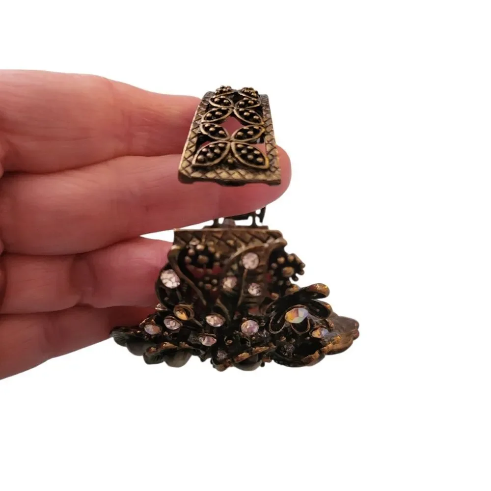 Floral Statement Cuff Bracelet - Brass & Gold Tones With Green Stones